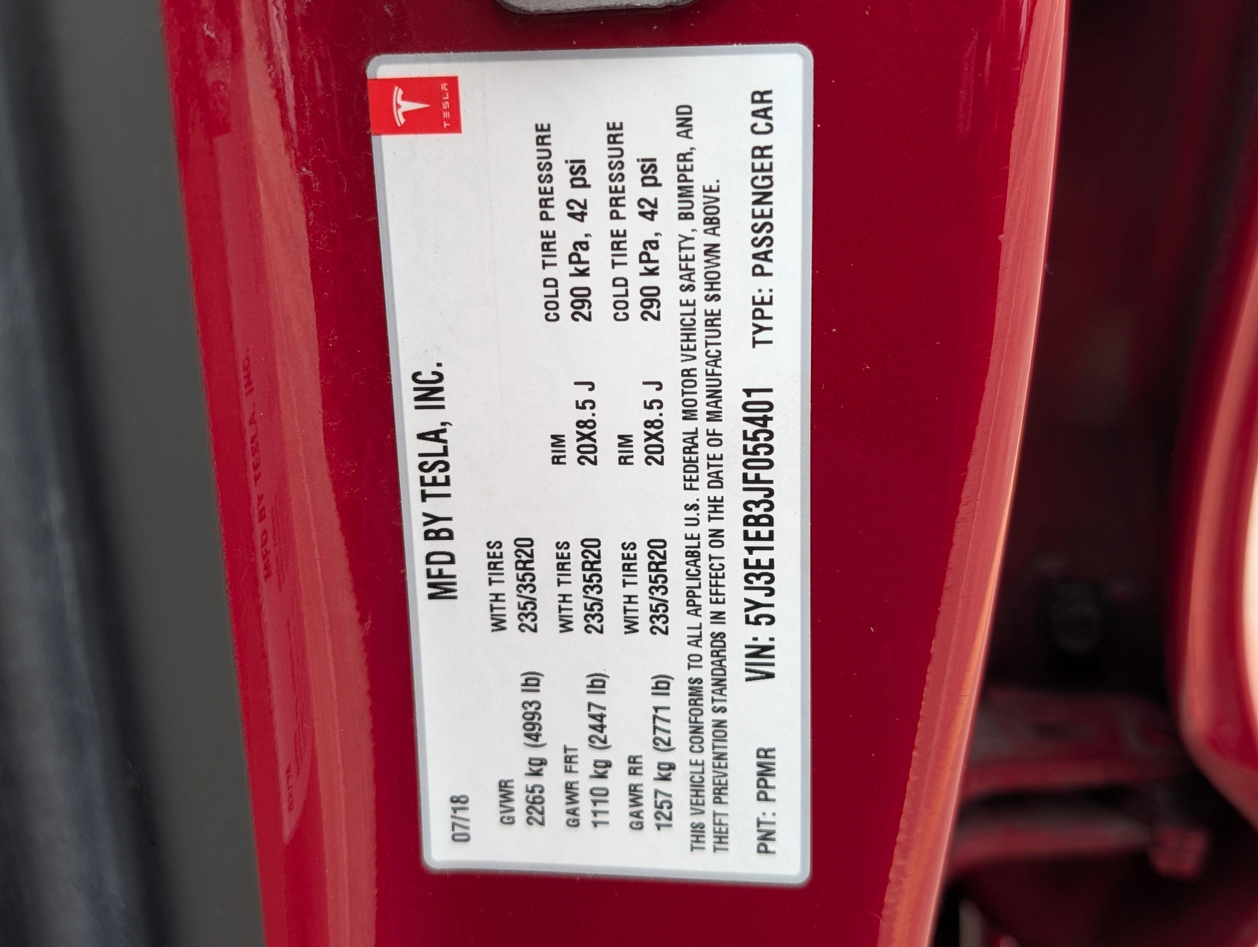 2018 Tesla Model 3 Long Range Battery